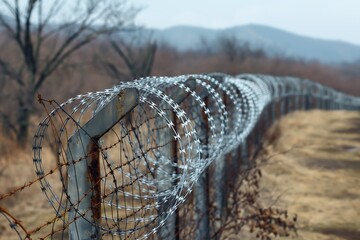 Close-up of barbed wire fence around military base, which is located in the grassland near forest and treeless hills