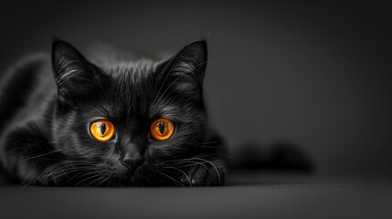 Black Cat with Golden Eyes Lying Down on Dark Surface