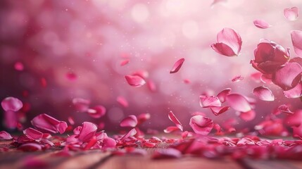 A pink background with pink petals falling from the sky. Concept of romance and love