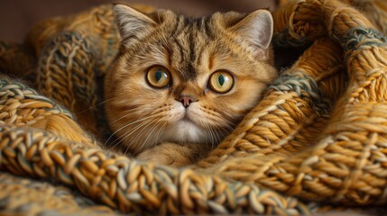 Scottish Fold cat wrapped in knitted blanket, cozy home setting