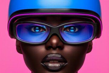 Futuristic portrait of a woman in blue goggles with a vibrant pink background showcasing avant garde style