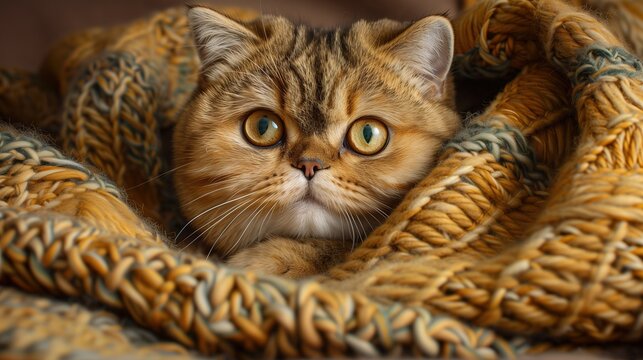 Scottish Fold cat wrapped in knitted blanket, cozy home setting
