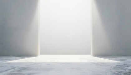 Obraz premium Minimalist white interior with bright open doorway casting natural light. Perfect for modern design, architecture, or futuristic concepts. Ideal copy space.