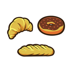 Bakery pastry croissant bread donut cake vector art isolated set. Best for bakery related industry