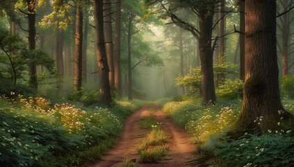 Obraz premium Peaceful forest path in lush greenery, ideal for nature themes, wellness content, travel blogs, and seasonal promotions. Rich in natural light and vibrant hues.