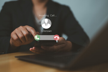 Man answering to incoming from an unknown caller. Phone call from unknown number. Calling Incoming Communication Connect Concept.