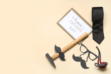 Paper mask, man's accessories and card with text HAPPY FATHER'S DAY on beige background. Top view