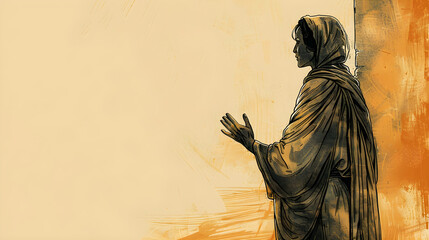 Persistent widow praying for justice, biblical illustration with beige and orange hues, ample copy space for inspirational messages. Ideal for religious themes.