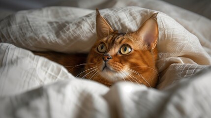 Obraz premium Cat with golden eyes nestled in white bedding, curious and alert