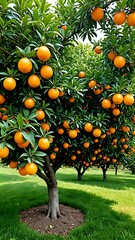 Orange tree with ripe fruit hanging from branches.