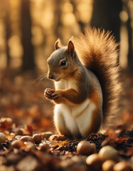 A squirrel gathering acorns in an autumn forest, golden hour
