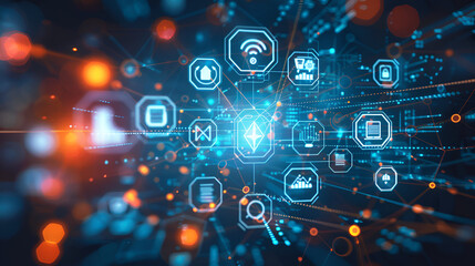 Obraz premium holograma de iconos digitales de la red virtual tecnologia e innovacion conexiones digitales servidores de la red digital