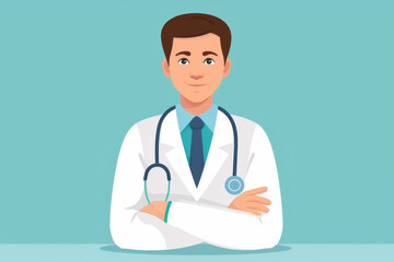 Fototapeta premium Illustration of a confident doctor wearing a white coat with a stethoscope, crossing his arms and standing against a teal background.