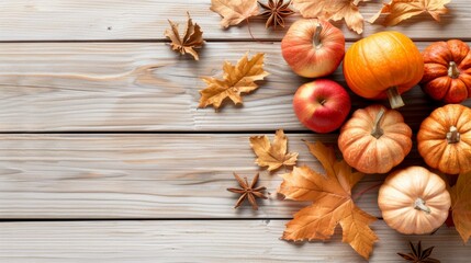 Fototapeta premium A wooden table with a variety of fall fruits and vegetables, including apples