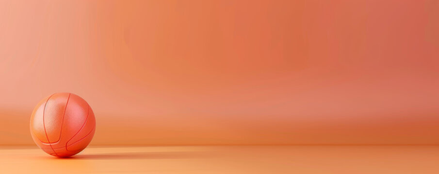 Minimalist orange background with a single basketball on the left. Simple and clean composition perfect for sports and fitness themes.