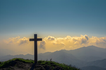Solitary cross atop a mountain peak against a serene, cloudy sunset backdrop. Ideal for spiritual themes, motivation, nature retreats, and inspirational content.