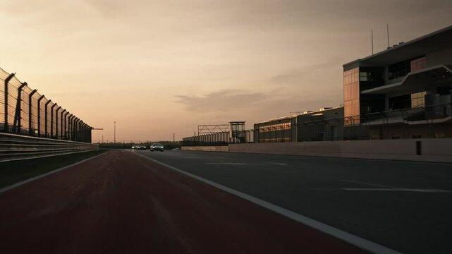 Cars racing towards finish line on Race Track. Fast motion