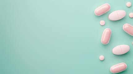 Top view of pink pills on turquoise background with copy space. Medical, pharmaceutical, and healthcare concept for stock photo usage.