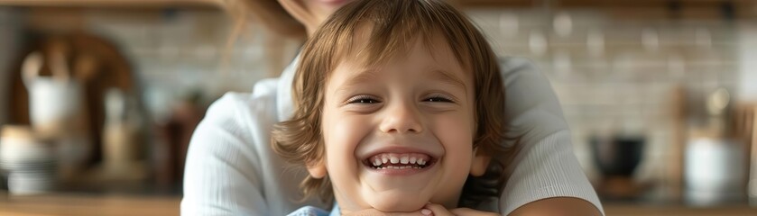 A child smiling as a parent reassures them during a stressful time close up, happiness theme, whimsical, manipulation, kitchen backdrop, copy space for text,