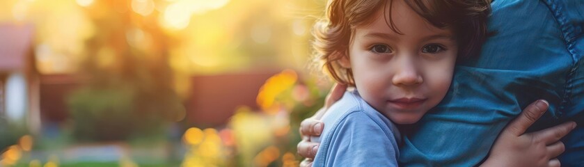 A parent comforting a child with kind words and a gentle touch selective focus, love theme, vibrant, fusion, backyard backdrop, copy space for text,