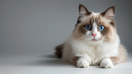 Ragdoll cat with blue eyes lying on a white surface, studio shot, space for copy text