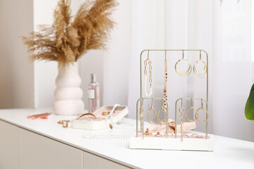 Organizers with stylish different jewelry and vase of pampas grass on dresser near window