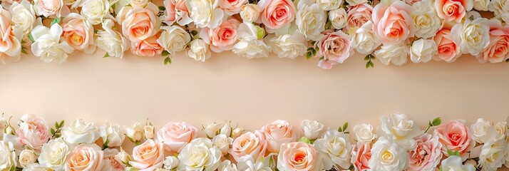 A bouquet of white and pink roses is arranged in a row