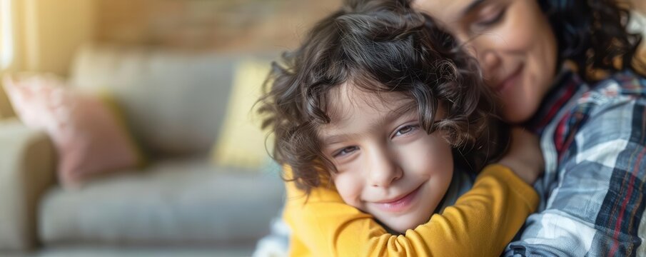 A parent gently reassuring a child with a hug focus on, care theme, vibrant, overlay, home setting, copy space for text,