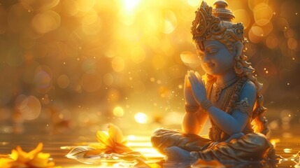 Divine celebration: happy krishna janmashtami, birth of lord krishna with joyous rituals, vibrant decorations, devotional songs, celebration of his timeless teachings and playful spirit.