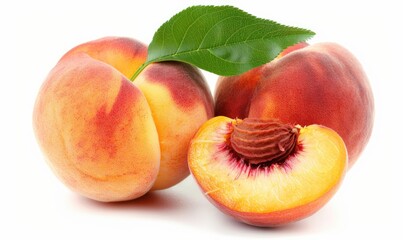 A peach is cut in half and has a leaf on top