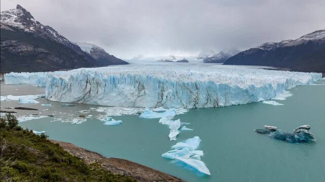 an early afternoon time lapse of perito moreno glacier on a cloudy autumn day in los glaciares national park of argentina
