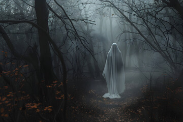 Eerie ghostly figure in a foggy, dark forest creates a haunting atmosphere perfect for Halloween-themed projects, horror stories, and mystery novels. Copy space available.