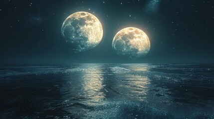 Two moons in the sky, milky way, reflection on water surface, fantasy landscape, minimalist design, space for text, wide angle lens, hyper realistic