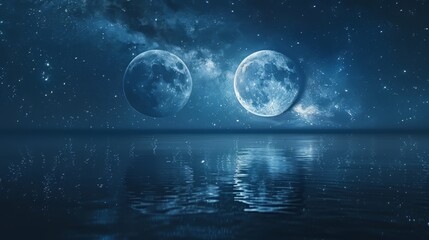 Naklejka premium Two moons in the sky, milky way, reflection on water surface, fantasy landscape, minimalist design, space for text, wide angle lens, hyper realistic