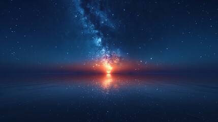 Two moons in the sky, milky way, reflection on water surface, fantasy landscape, minimalist design, space for text, wide angle lens, hyper realistic