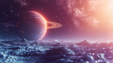 Wide shot of a planet with rings in space, vector illustration against a blue background, in the flat design style, 3D rendered with high resolution, high detail, and high sharpness,