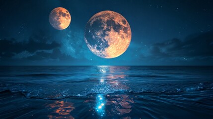 Starry sky, two moons, reflection on the water surface, minimalism, night landscape, Milky Way, starry background, horizon, space, galaxy, celestial scene, panoramic view, futuristic, sci-fi style.