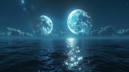 Starry sky, two moons, reflection on the water surface, minimalism, night landscape, Milky Way, starry background, horizon, space, galaxy, celestial scene, panoramic view, futuristic, sci-fi style.