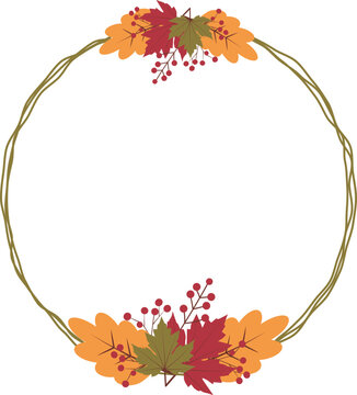 Autumn Wreath Round Frame Of Fall Season Colors. 