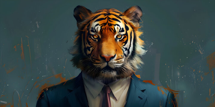 Powerful tiger in a business suit conveys strength, authority, and professionalism. Ideal for business, leadership, and corporate marketing. Features dark, bold colors.