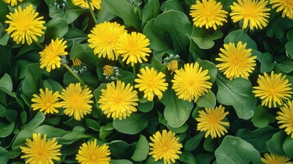 Dandelion flowers in yellow with green leaves