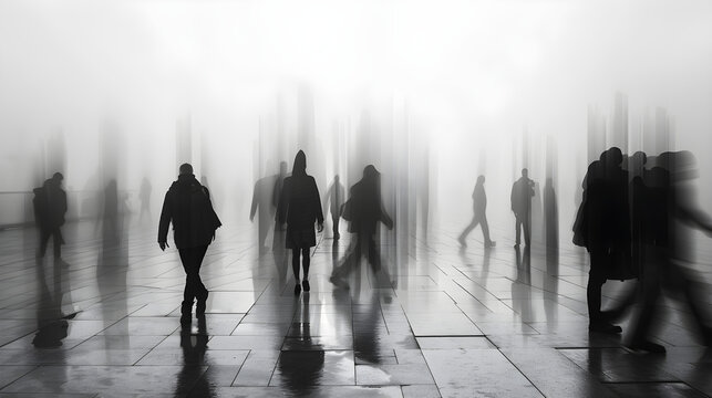 Silhouettes of people walking with motion blur in a foggy urban setting, evoking feelings of mystery and transience, ideal for marketing campaigns or blog headers.