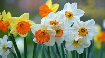 Daffodil flowers in orange white and yellow colors bloom