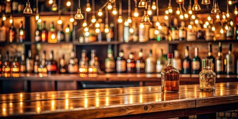 Obraz premium Empty bar with bokeh lights in background, bottles on the counter creating cozy atmosphere, bar, bokeh lights, bottles, empty