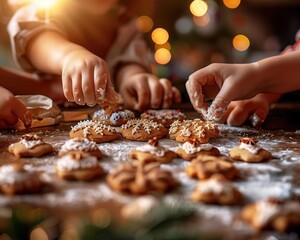 Family moments during holiday baking, closeup on hands decorating cookies, joy in sharing