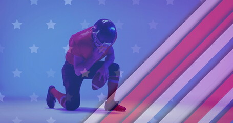 Image of caucasian american football player kneeling and flag of usa