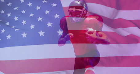 Image of caucasian american football player and flag of usa