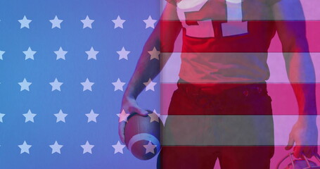 Naklejka premium Image of african american american football player with ball and flag of usa