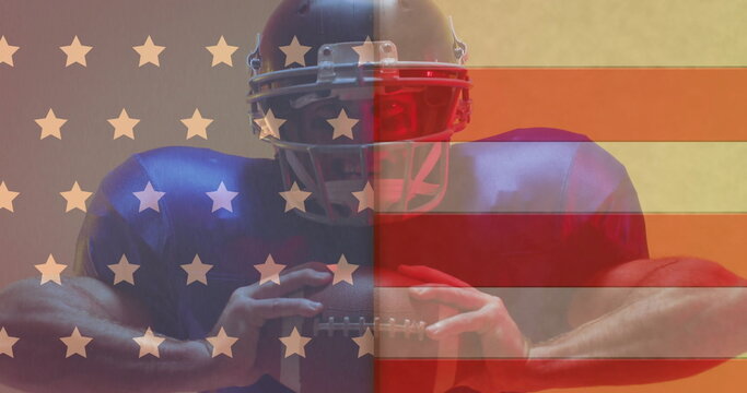 Image of flag of usa over caucasian male american football player holding ball - Powered by Adobe