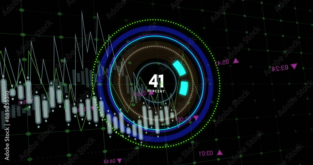 Poster image of graph processing data over blue loading ring with growing percent on black background